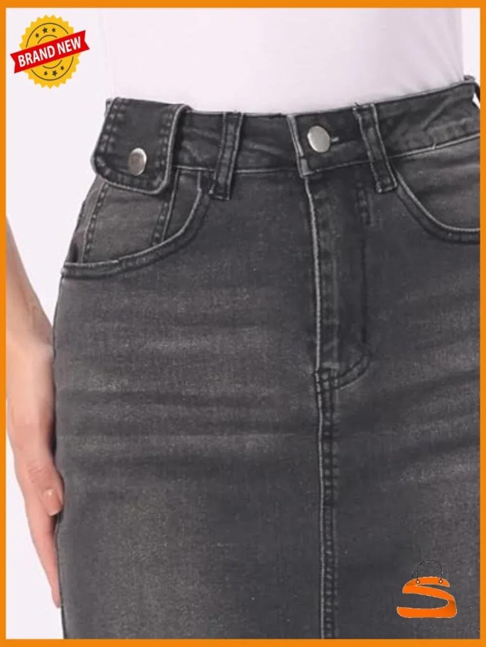 High Waist Denim Midi Skirt Back Slit Raw Hem Stretch Casual